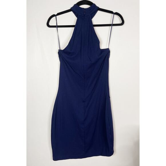 Express Size 4 Navy Blue Halter Neck Overlap Asymmetrical Bodycon Dress Cocktail - Picture 2 of 8